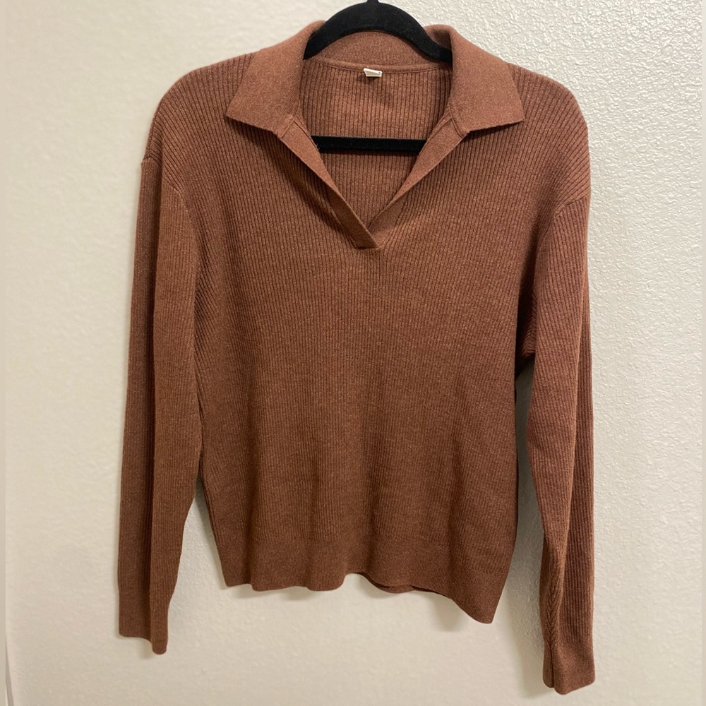 uniqlo washable ribbed knot polo sweater in brown